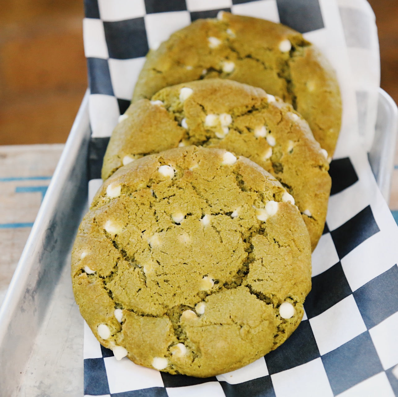 6 Quarter Pound Vegan Matcha White Chocolate Cookies
